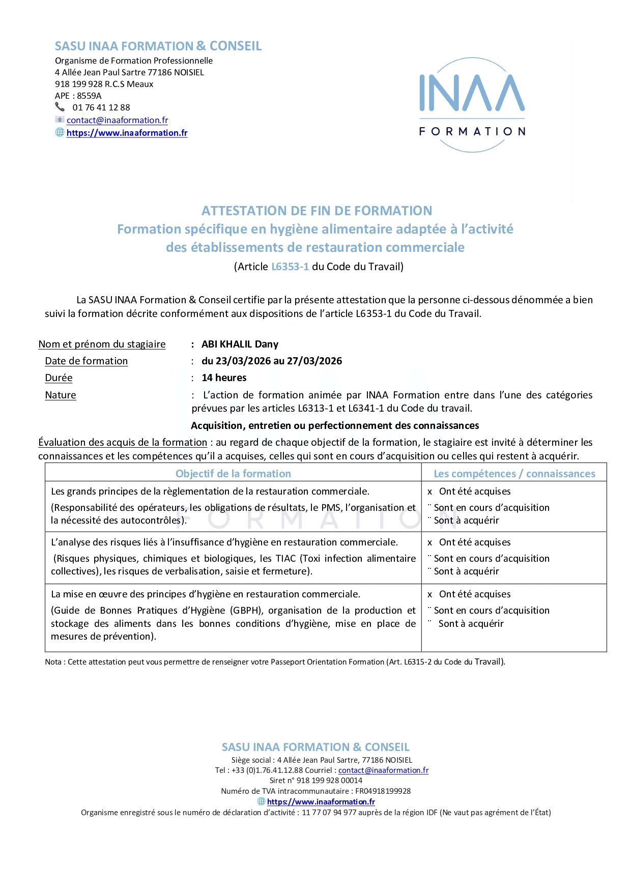 Attestation Haccp